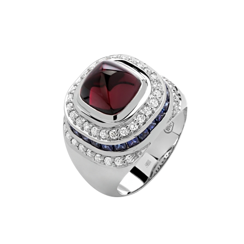 Женское кольцо из белого золота c родолитом, бриллиантом и сапфиром