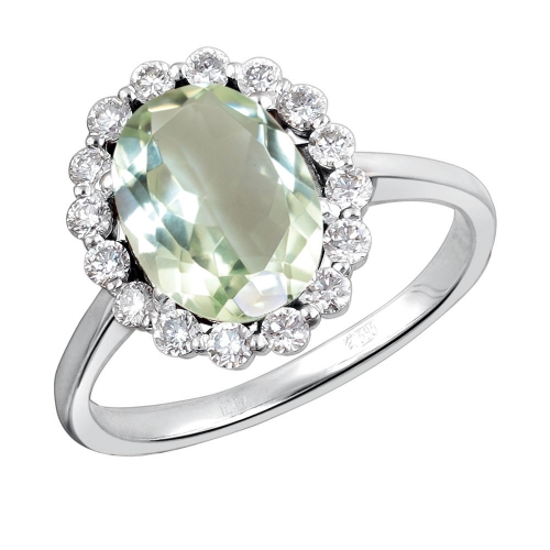 Кольцо из белого золота с бриллиантом, празиолитом