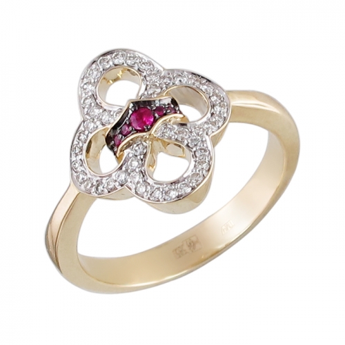 Кольцо из желтого золота с бриллиантом и рубином