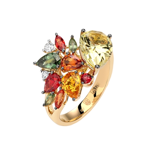Женское кольцо из желтого золота с цветными камнями
