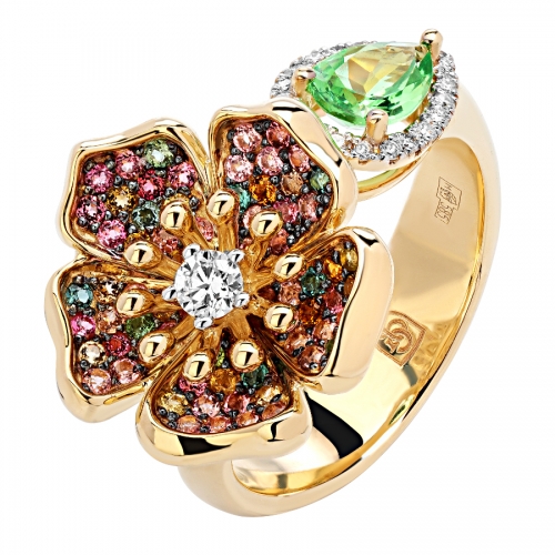 Женское кольцо из желтого золота с цветными камнями