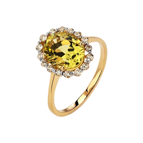 Кольцо из желтого золота с бриллиантом и лимонным кварцем