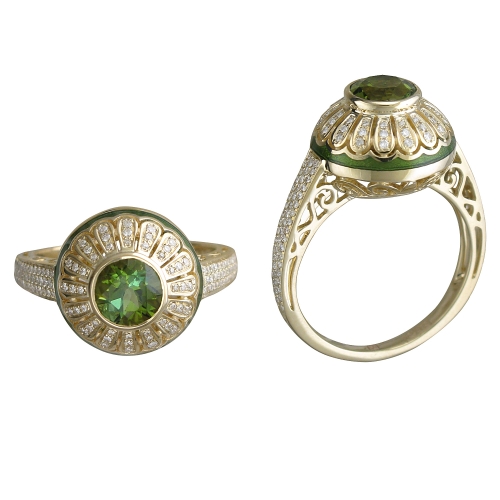 Кольцо из желтого золота с бриллиантом, турмалином зеленый, эмаль турмалином