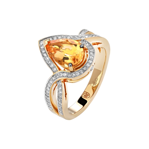 Женское кольцо из желтого золота 585 пробы с цитрином и бриллиантом