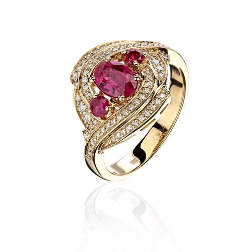 Женское кольцо из желтого золота 750 пробы с рубином и бриллиантом