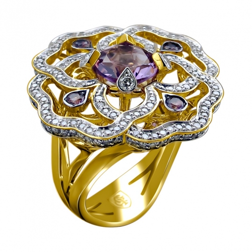 Кольцо из желтого золота с аметистом и бриллиантом