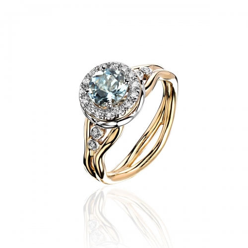 Женское кольцо из комбинированного золота 585 пробы с аквамарином и бриллиантом