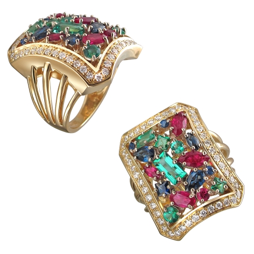Женское кольцо из комбинированного золота 750 пробы с цветными камнями