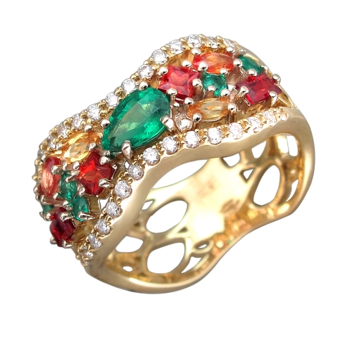 Женское кольцо из комбинированного золота с цветными камнями
