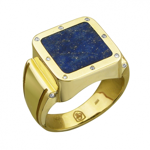 Мужское кольцо из желтого золота с лазурит, бриллиантом