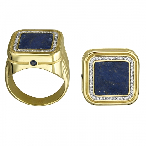 Мужское кольцо из желтого золота с лазурит, бриллиантом, сапфиром
