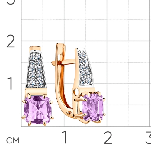 Серьги из красного золота 585 пробы с аметистом и фианитами