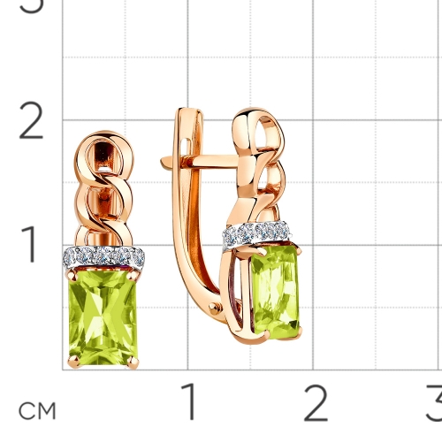 Серьги из красного золота 585 пробы с хризолитом и фианитами
