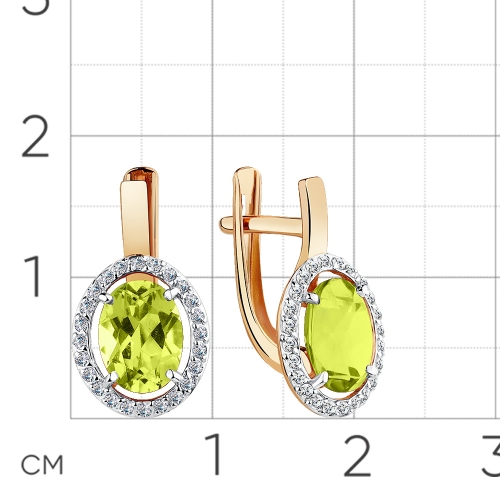 Серьги из красного золота 585 пробы с хризолитом и фианитами