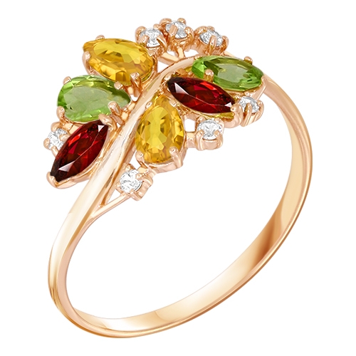 Женское кольцо из красного золота 585 пробы с цветными камнями