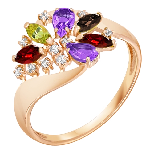 Женское кольцо из красного золота 585 пробы с цветными камнями