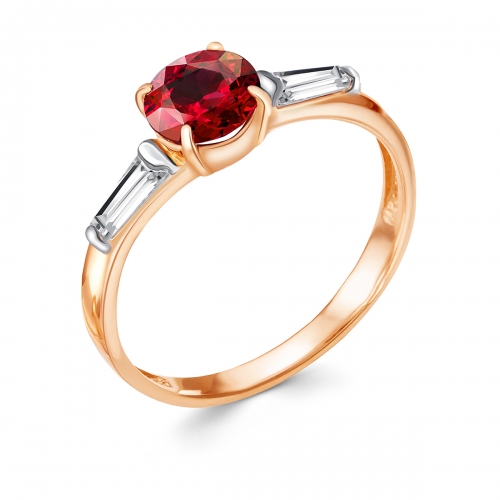 Женское кольцо из красного золота 585 пробы c гранатом и фианитами