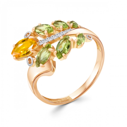 Женское кольцо из красного золота 585 пробы с хризолитом, цитрином и фианитом