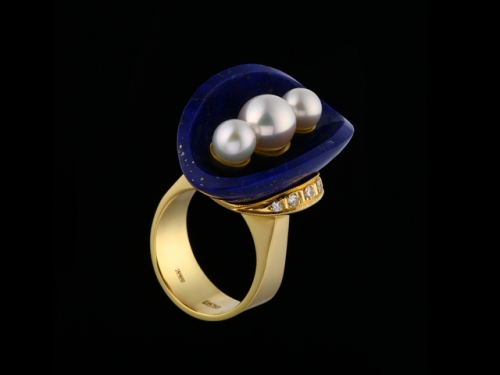 Кольцо из желтого золота с лазурит, бриллиантом, жемчугом