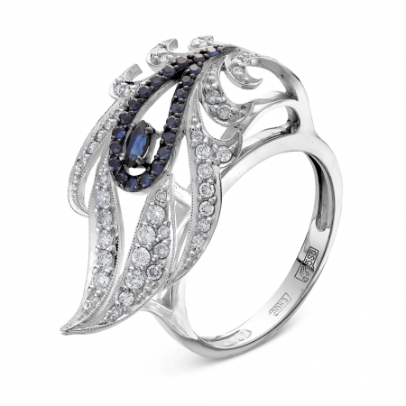 Ювелирная компания «ТИТУЛ» Женское кольцо Волшебное перо из белого золота c сапфиром и бриллиантом