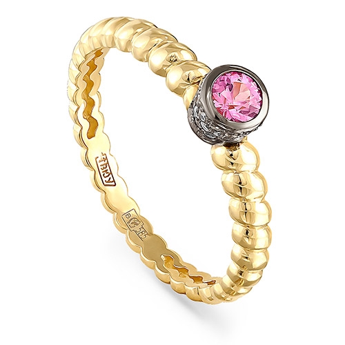 Женское кольцо из желтого золота с розовым сапфиром и бриллиантом