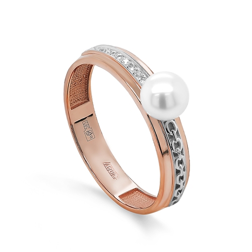 Женское кольцо из красного золота 585 пробы c жемчугом, бриллиантом