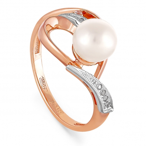 Женское кольцо из красного золота 585 пробы c жемчугом, бриллиантом