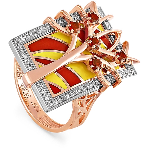 Кольцо из красного золота 585 пробы с бриллиантами, гранатами и эмалью