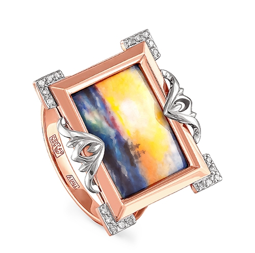 Женское кольцо из красного золота 585 пробы c финифтью, бриллиантом