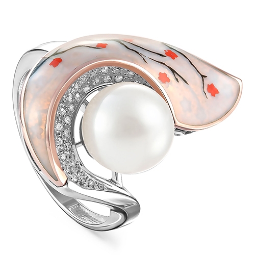 Женское кольцо из белого золота 585 пробы c жемчугом, бриллиантом
