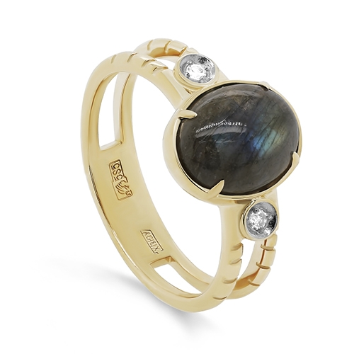 Женское кольцо из желтого золота с лабрадоритом и бриллиантом