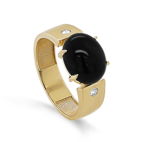 Женское кольцо из желтого золота 585 пробы c ониксом, бриллиантом