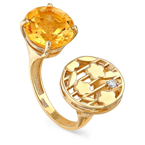 Кольцо из желтого/лимонного золота 585 пробы с бриллиантом и цитрином