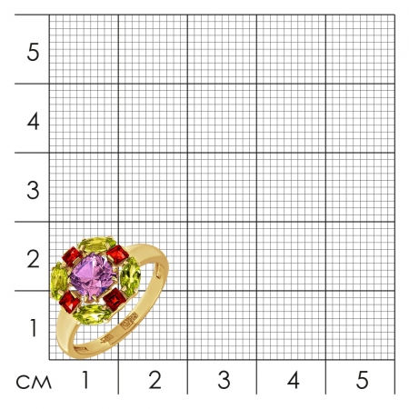 Кольцо из красного золота с аметистом, гранатами и хризолитами 