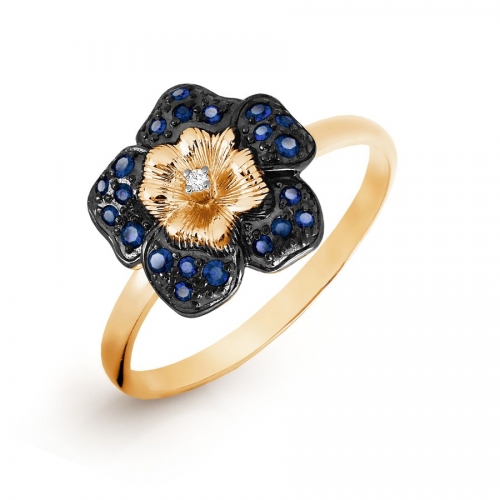 Ювелирный завод Топаз Золотое кольцо Цветок с сапфирами, бриллиантом