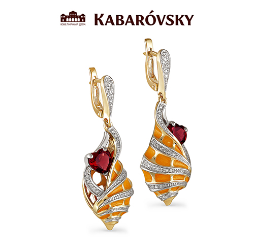 Ювелирный дом Kabarovsky Серьги из желтого/лимонного золота 585 пробы с бриллиантами и родолитами