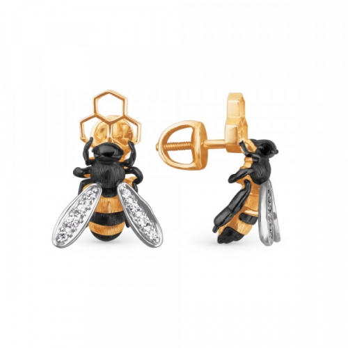 Серьги-пусеты Пчёлы из золота с фианитами
