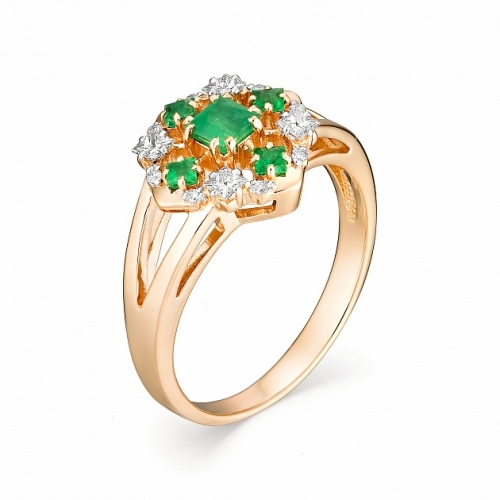 Женское кольцо из красного золота с изумрудом и бриллиантом