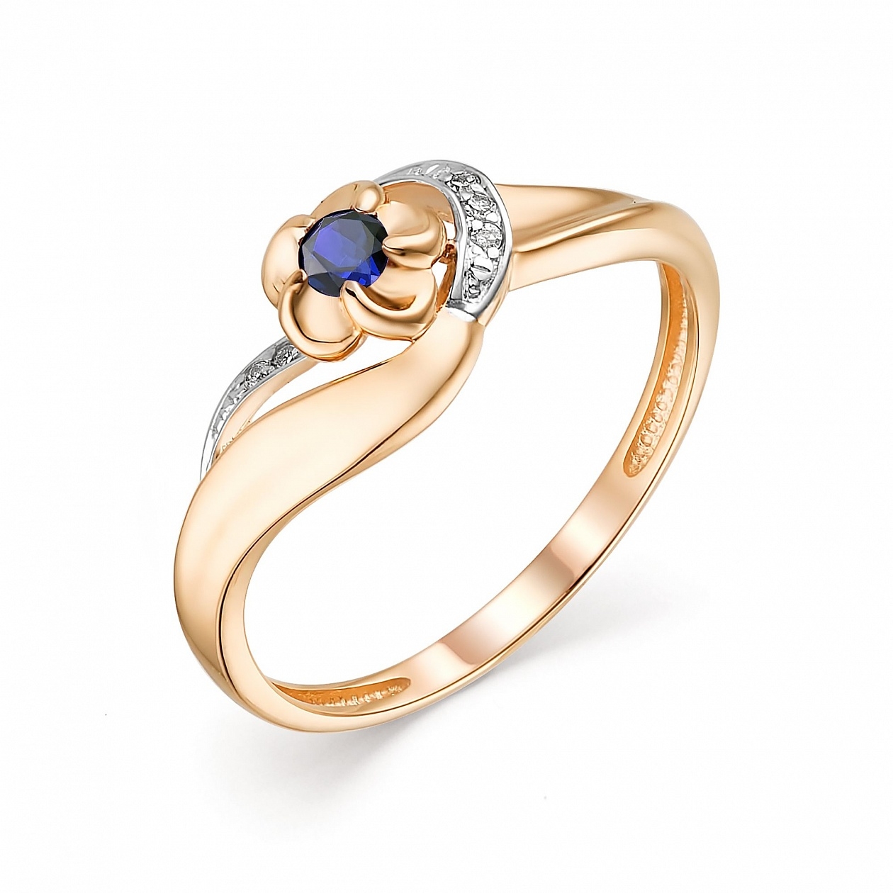 Женское кольцо из красного золота с сапфиром и бриллиантом