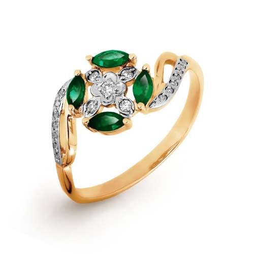 Ювелирный завод Топаз Золотое кольцо Цветок с изумрудом, бриллиантами