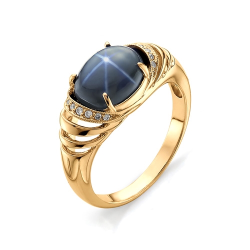 Золотое кольцо со звездчатым сапфиром и бриллиантами