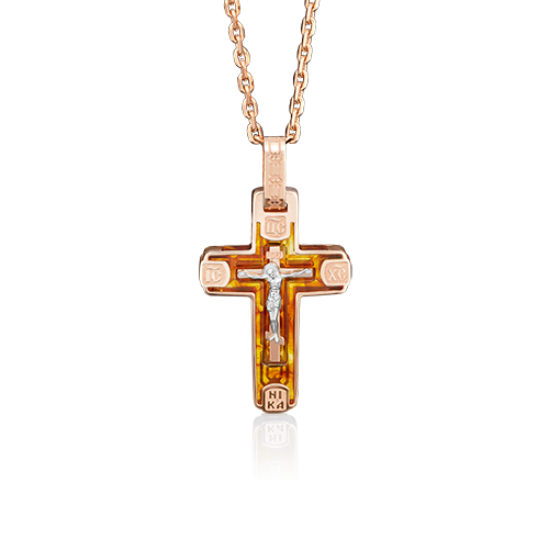 Подвеска-крест из комбинированного золота с янтарём