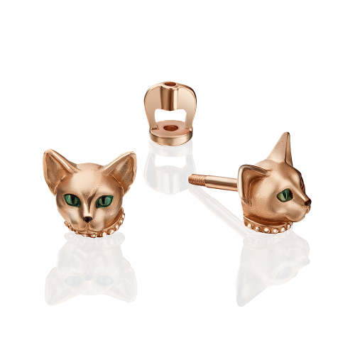 Серьги-пусеты «Кошки» из красного золота c эмалью