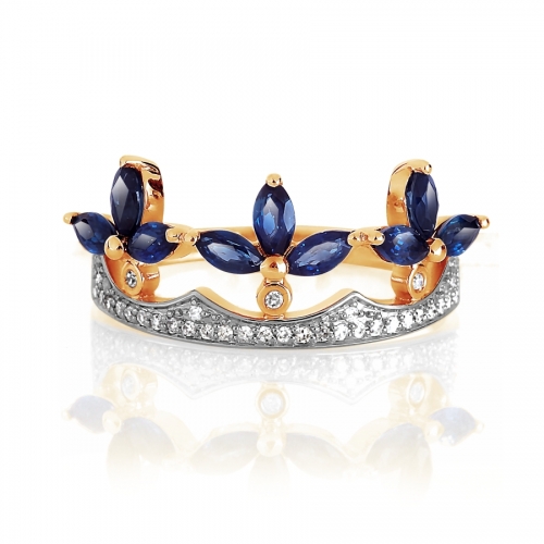 Золотое кольцо Корона с сапфирами, бриллиантами