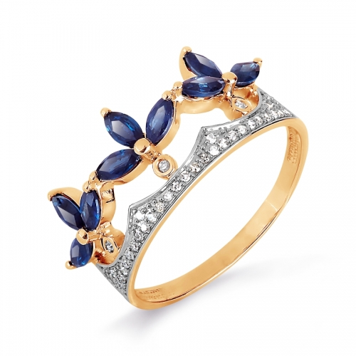 Золотое кольцо Корона с сапфирами, бриллиантами