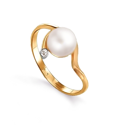 Золотое кольцо с белым жемчугом, фианитом