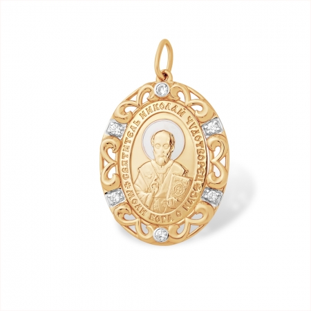 Подвеска “Православная” из красного золота 585 с фианитами Николай Чудотворец