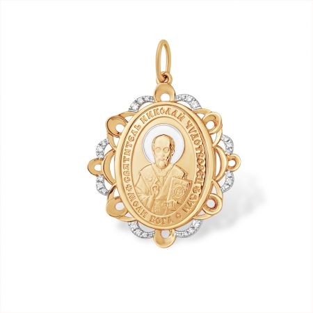 Подвеска “Православная” из красного золота 585 с фианитами Николай Чудотворец