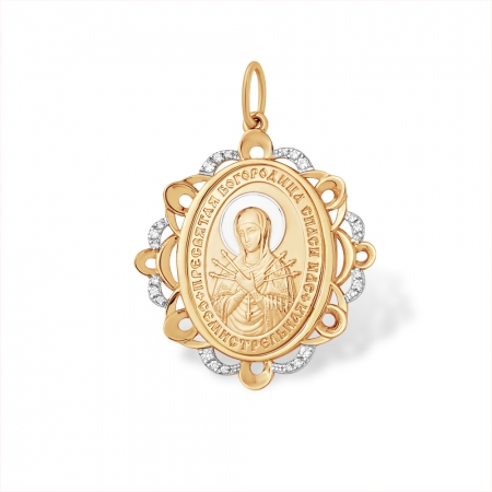 П1329545 подвеска “православная” из красного золота 585 с фианитами семистрельная икона