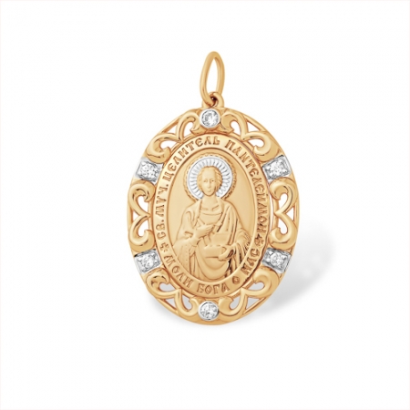 Подвеска “Православная” из красного золота 585 с фианитами Святой Пантелеймон